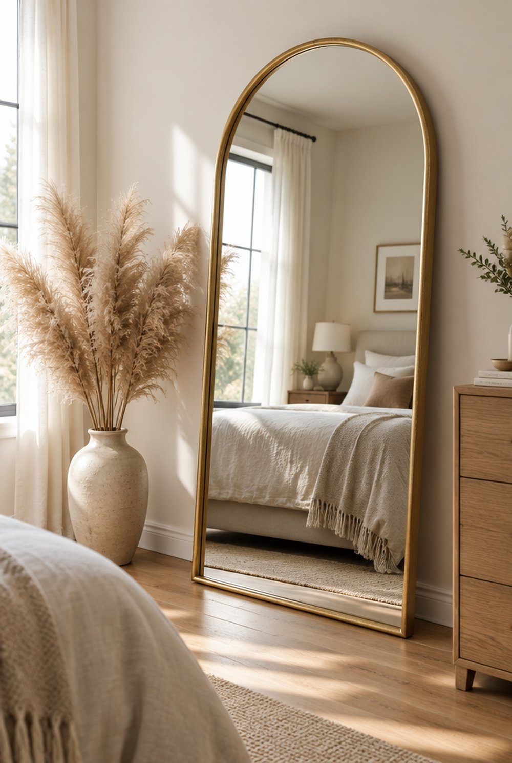 Gewölbter Standspiegel mit Goldrahmen im Schlafzimmer
