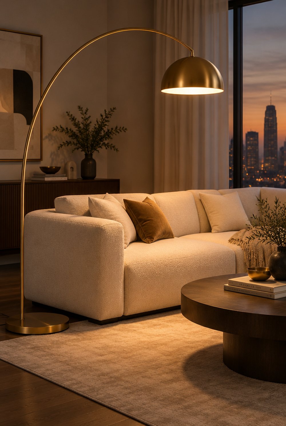 Goldene Bogen-Stehlampe über einem Sofa