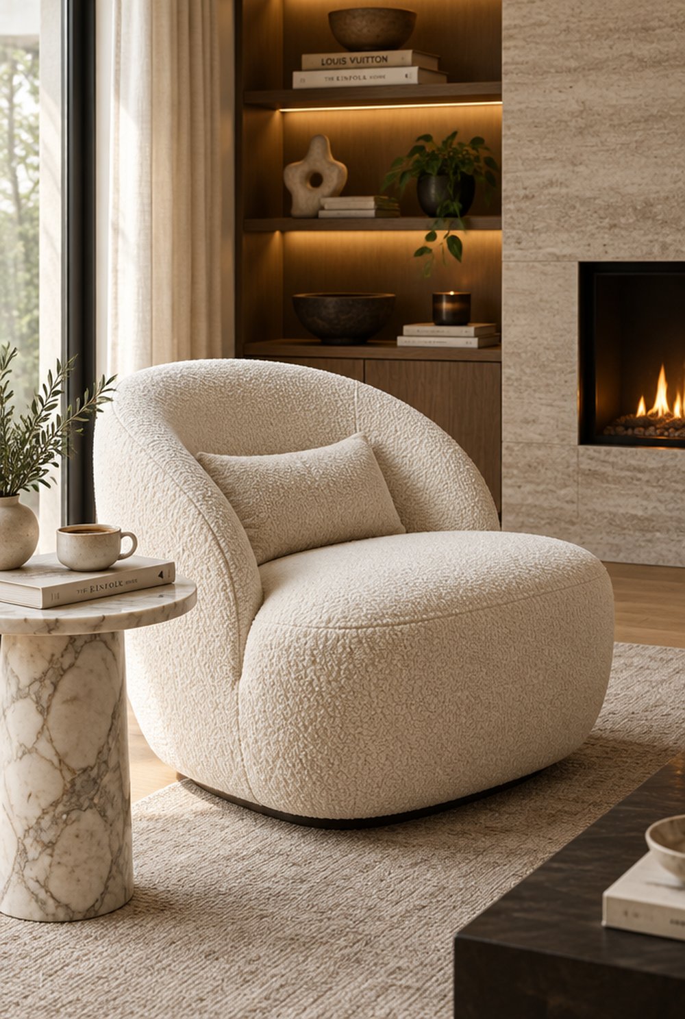 Cremefarbener Boucle-Sessel in einem hellen Wohnzimmer